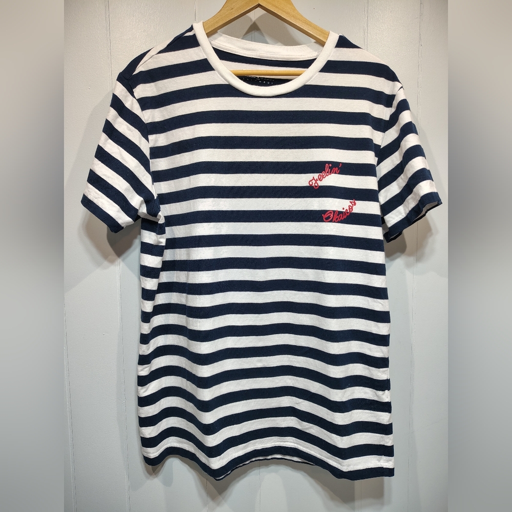 Okaicos Swimwear Striped T-Shirt L Navy White Nautical Logo Tee‎
